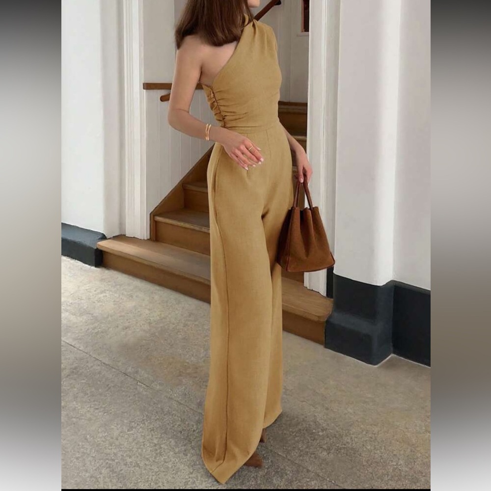 NWT Elegant Tan One-Shoulder Jumpsuit for women size XS